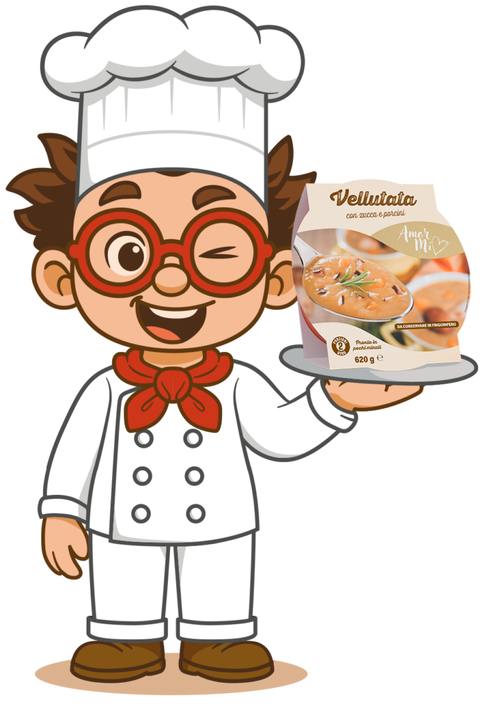 mascotte di mioorto con zuppe già pronte